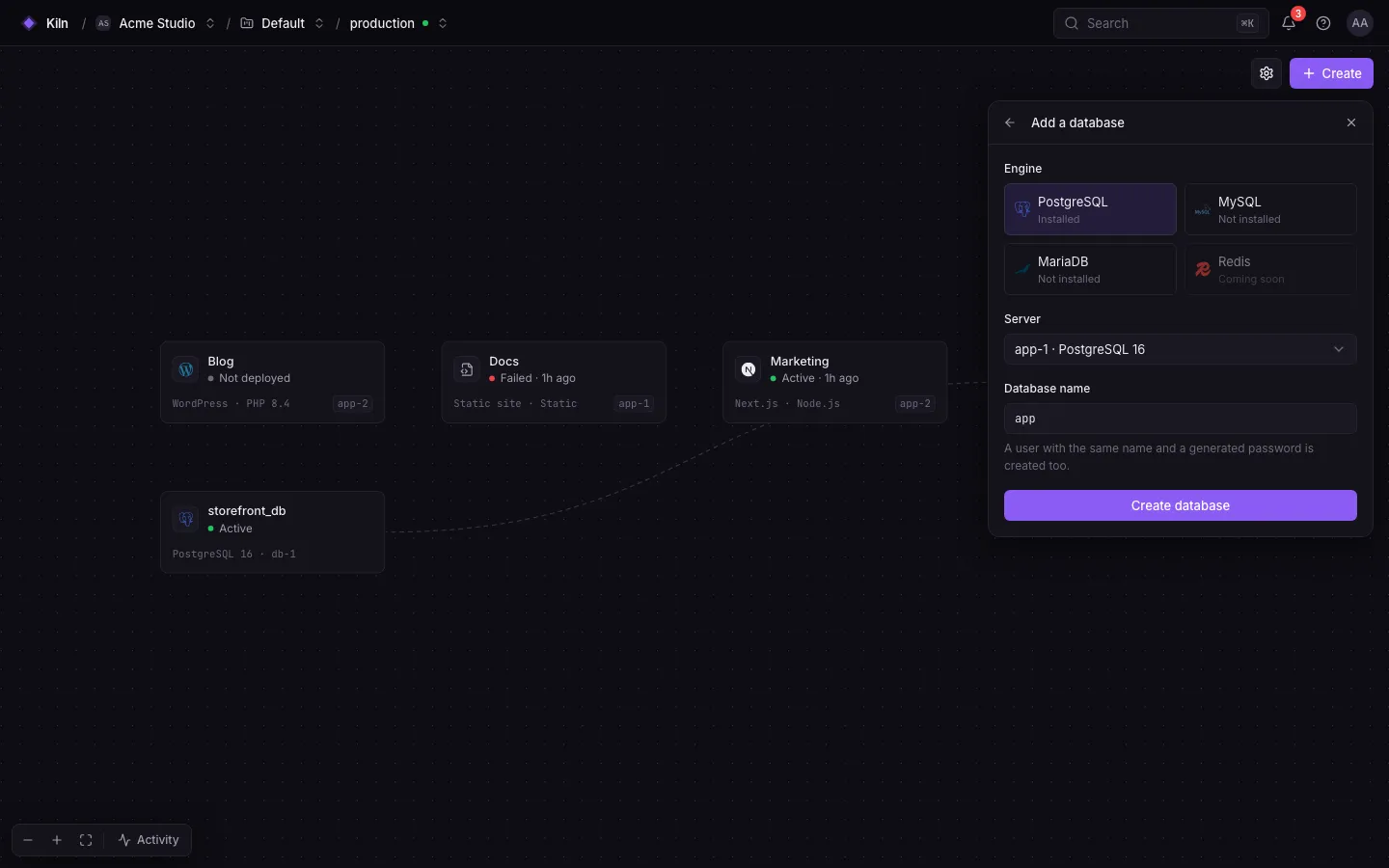 Create picker → Database: choose PostgreSQL, MySQL or MariaDB and a server with that engine installed.