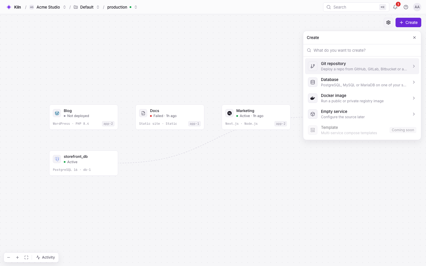 The Falak create picker: git repository, database, Docker image, empty service or template