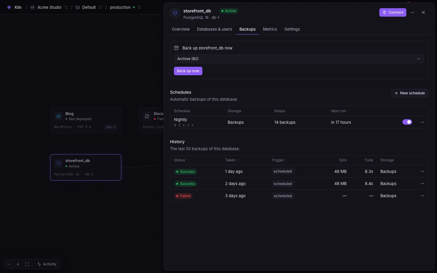 Database panel → Backups: schedules and the backup history with status, size and actions.