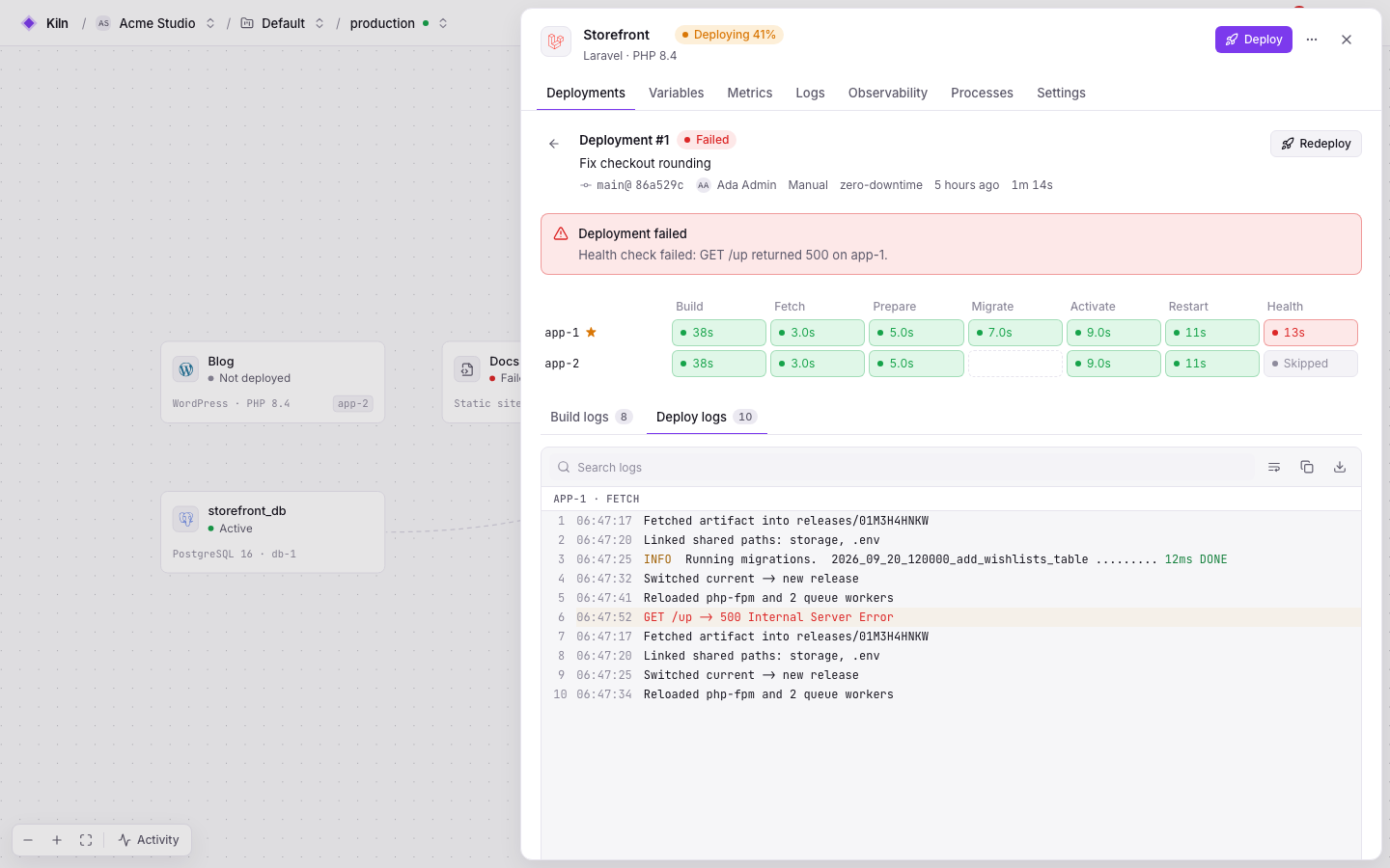 A Falak deployment with its per-server phase timeline and deploy logs