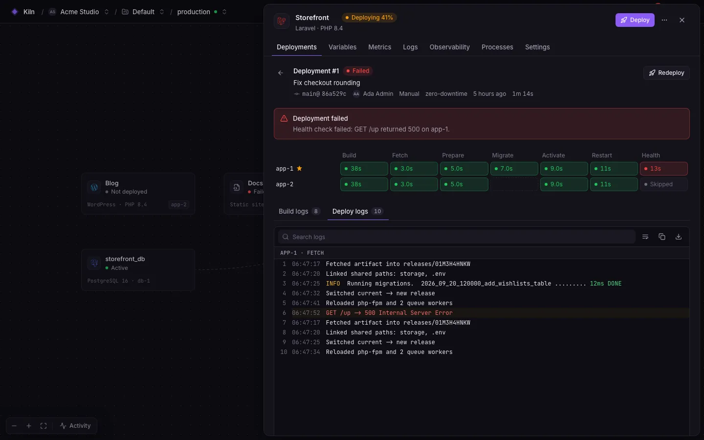 A failed deployment in the deployment panel: the error “Health check failed: GET /up returned 500 on app-1”, a per-server phase timeline for app-1 and app-2, and the deploy logs grouped by server and phase.