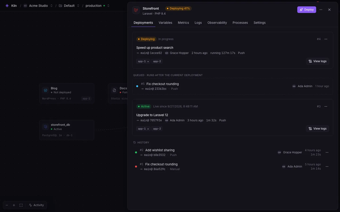 The service panel’s Deployments tab: a deployment in progress at 41%, a queued deployment, the active release and the deployment history.