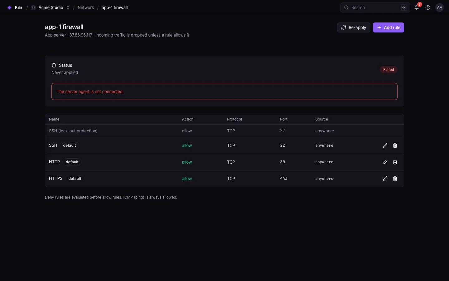 The firewall tab of a server: the default SSH, HTTP and HTTPS allow rules and a form to add rules.