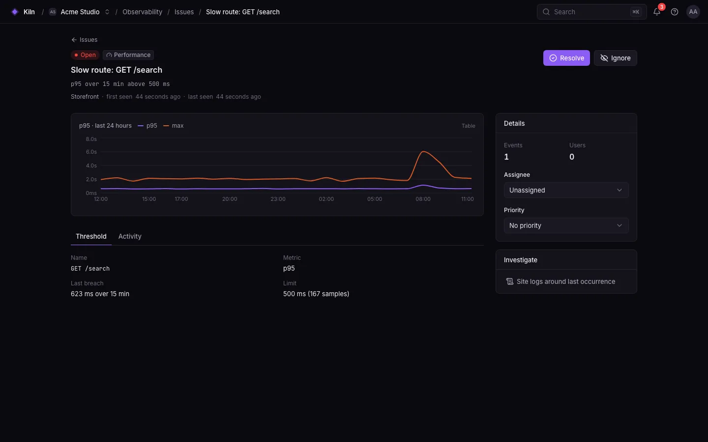 An issue’s detail page: exception type and message, stack trace, occurrence timeline, affected users, status, priority and assignee.