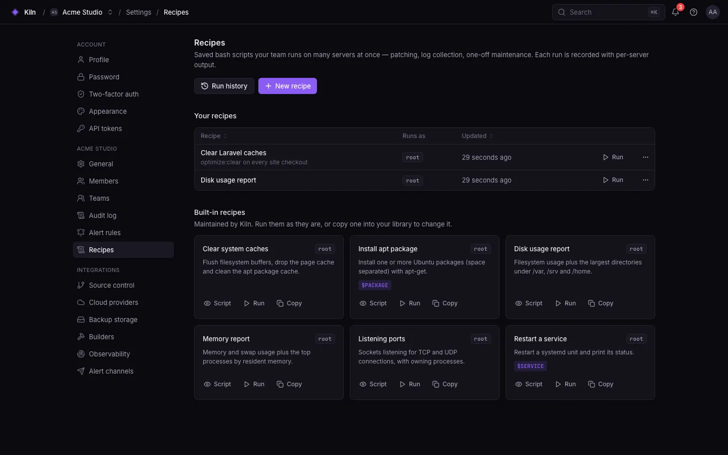 Recipes: saved and built-in recipes with a Run action.