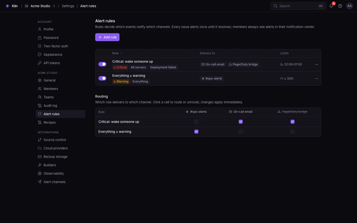 Settings → Alert rules: rules with their event types, minimum severity and channels.
