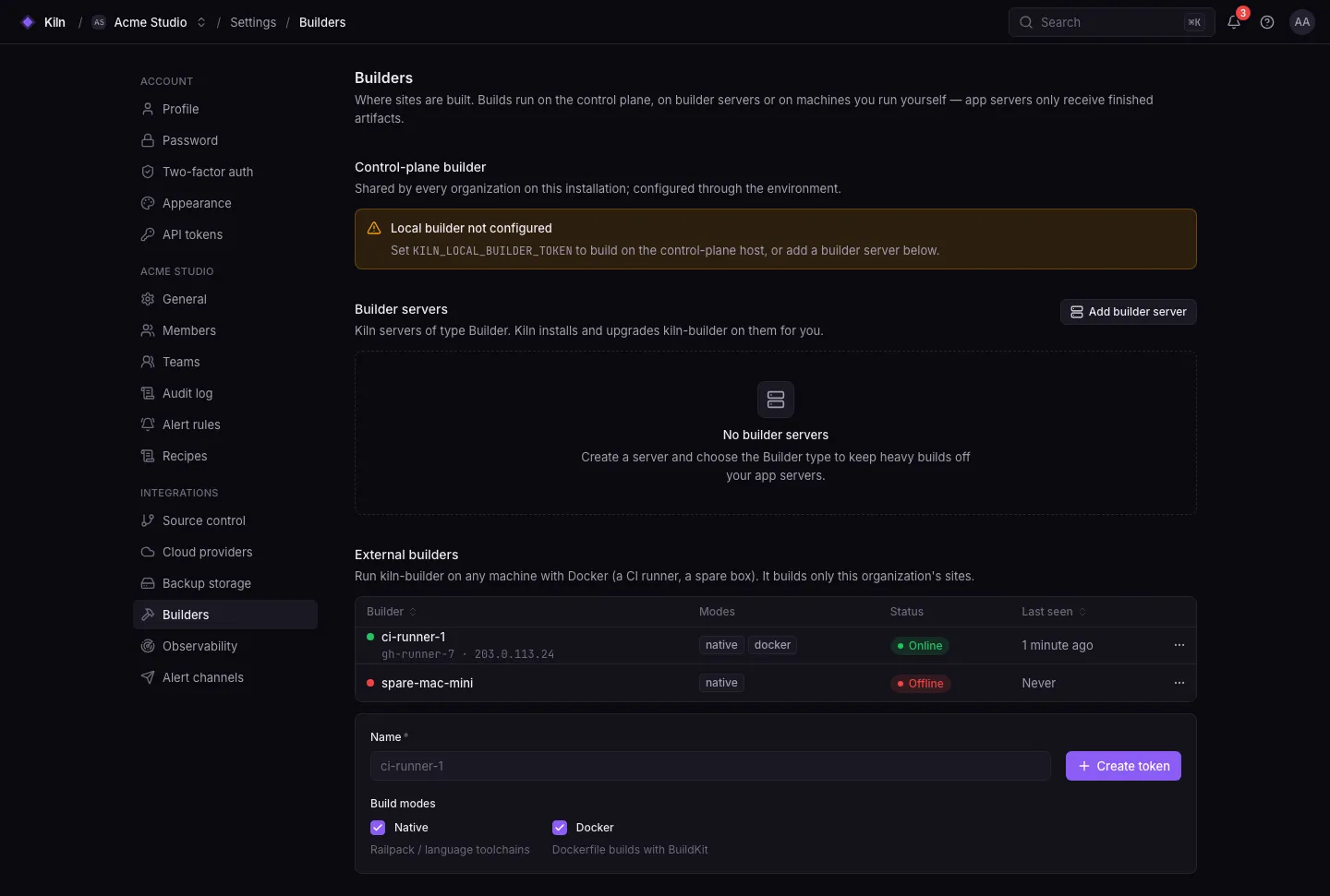 Settings → Builders: the control plane builder and registered builders with their status, modes and last poll.