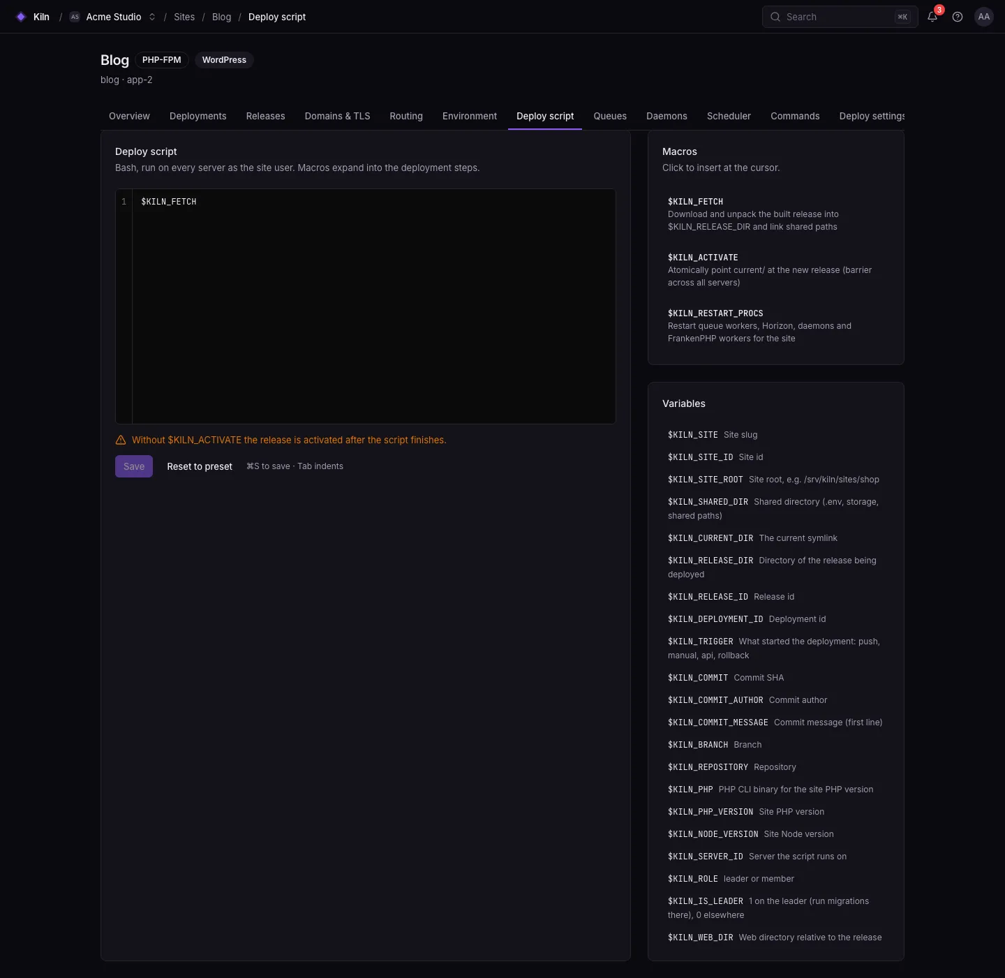 The deploy script editor with the Laravel script: fetch, a leader-only migrate block, artisan optimize and storage, then activate and restart processes.
