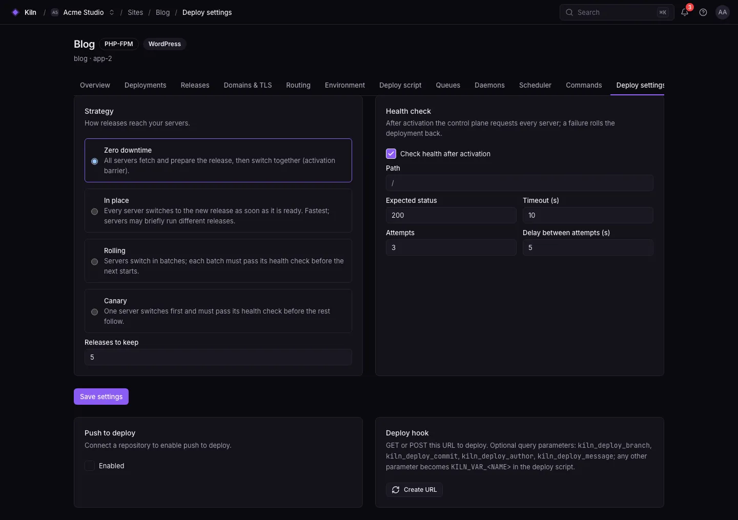 Deploy settings: strategy choices (zero downtime, in place, rolling, canary), releases to keep, health check settings, the push-to-deploy toggle and the deploy hook URL.