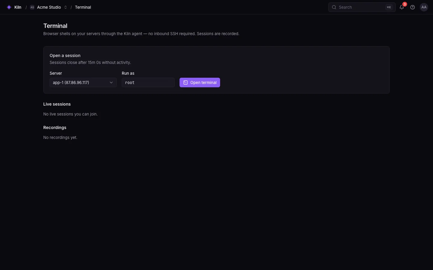 The web terminal: a server picker and an xterm session running in the browser.